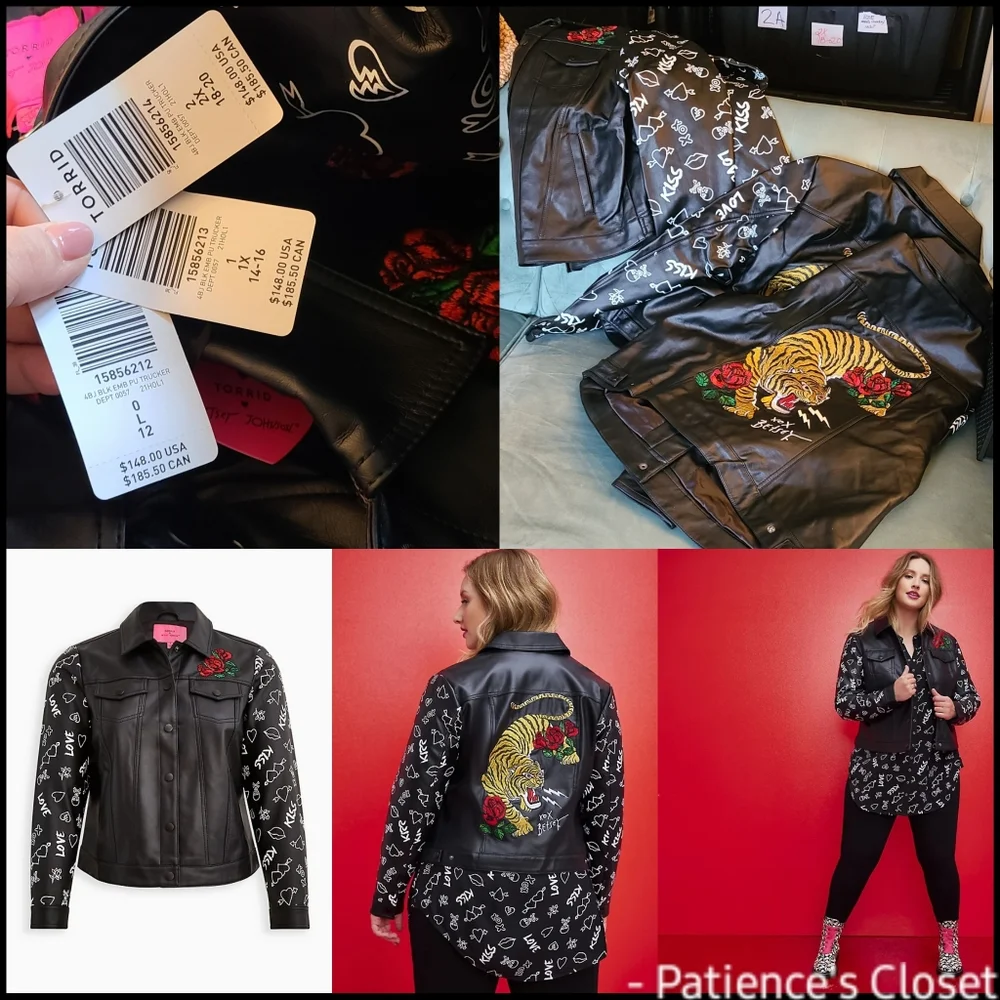 Torrid BETSEY JOHNSON black graffiti  tattoo faux leather trucker jacket PLUS - Picture 5 of 6